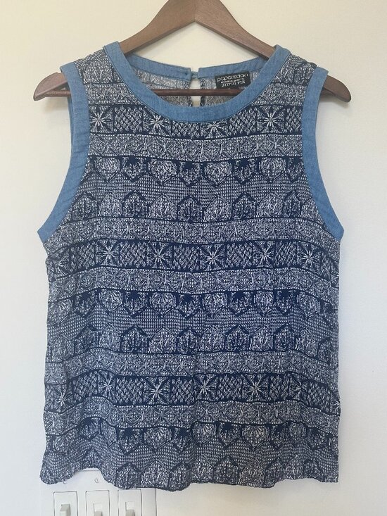 Papermoon Tops - Papermoon Stitch Fix Navy White Geometric Tank Top with Denim Trim size L